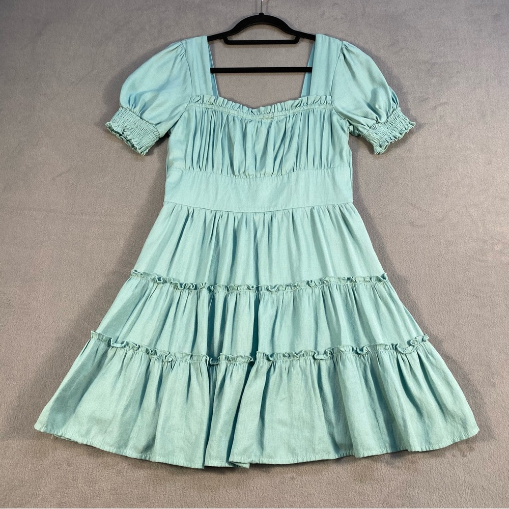Trixxi juniors’ Green Tiered Smocked sleeve fit & flare Dress, lined, L